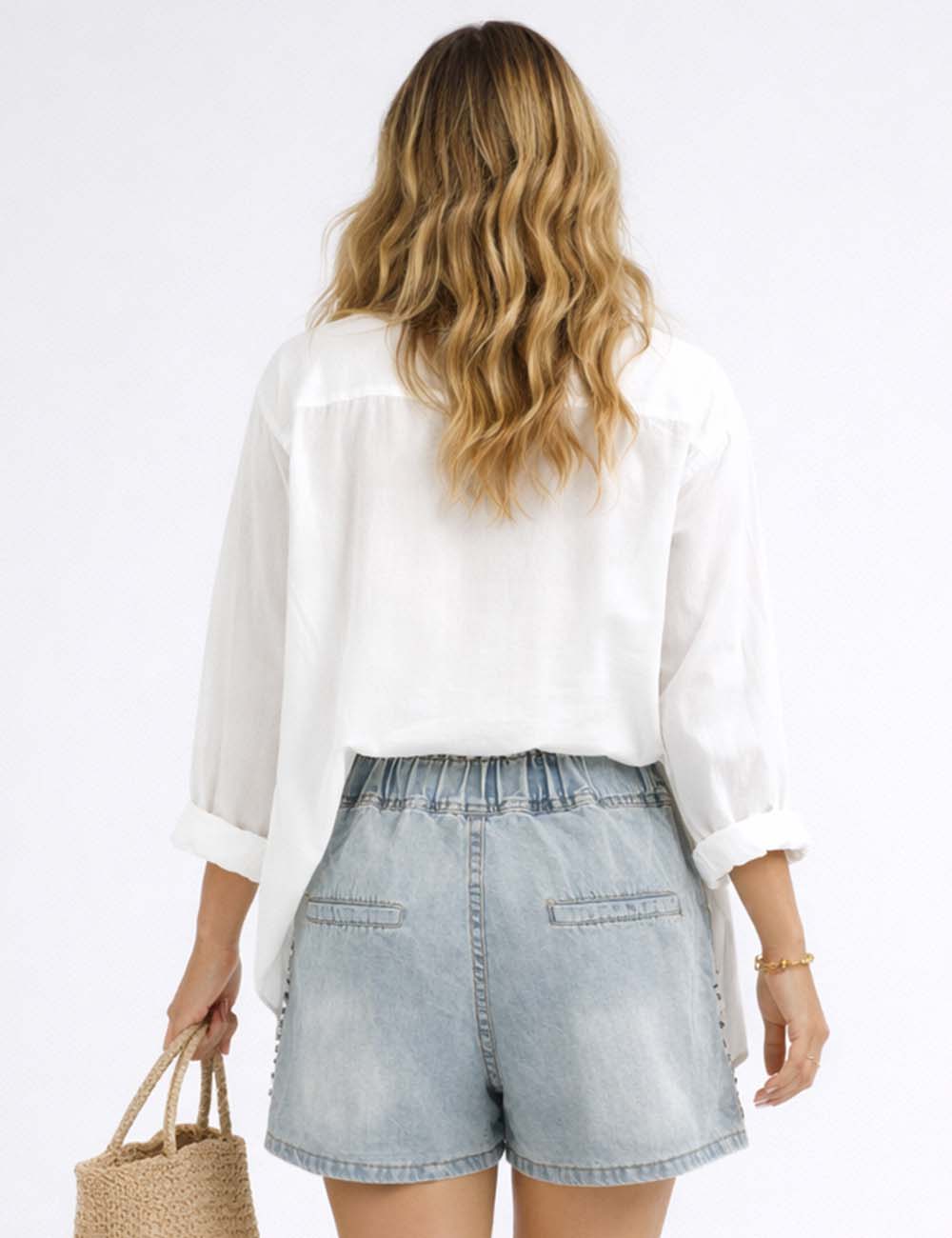 Ladies Rhinestone Star Drawstring Waist Wide Leg Denim Shorts