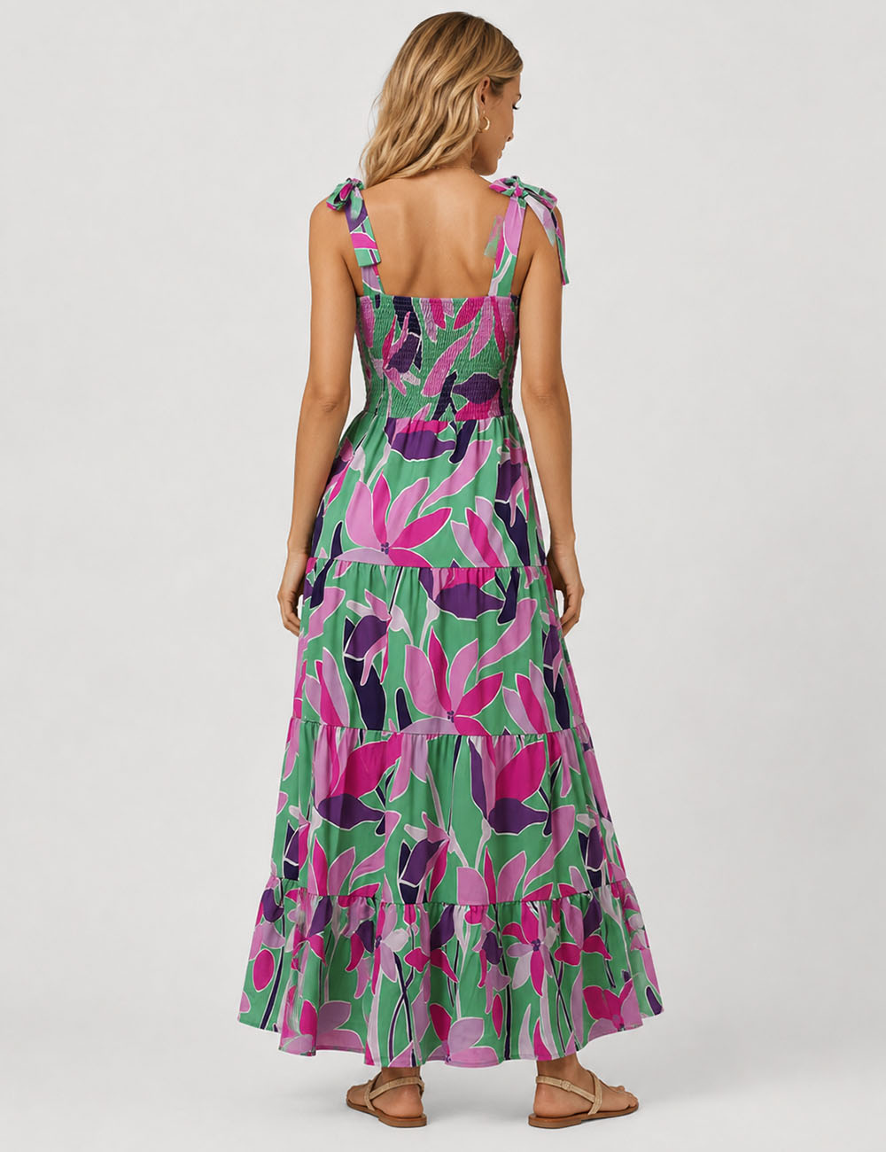 Ladies Abstract Print Smocked Tie Strap Square Neck Midi Dress