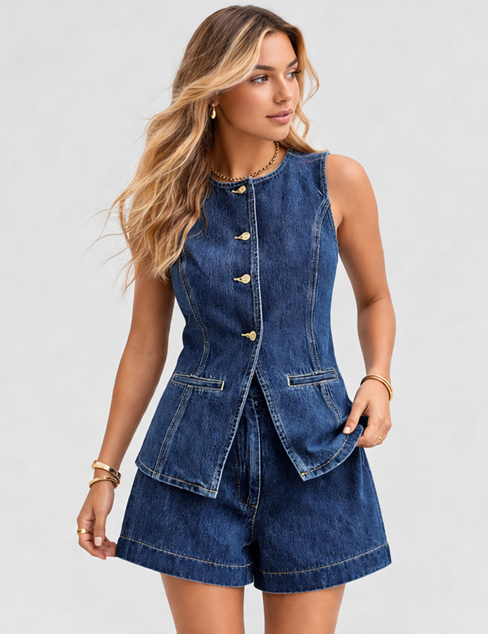 Ladies Sleeveless Button Front Denim Vest & Shorts Matching Set