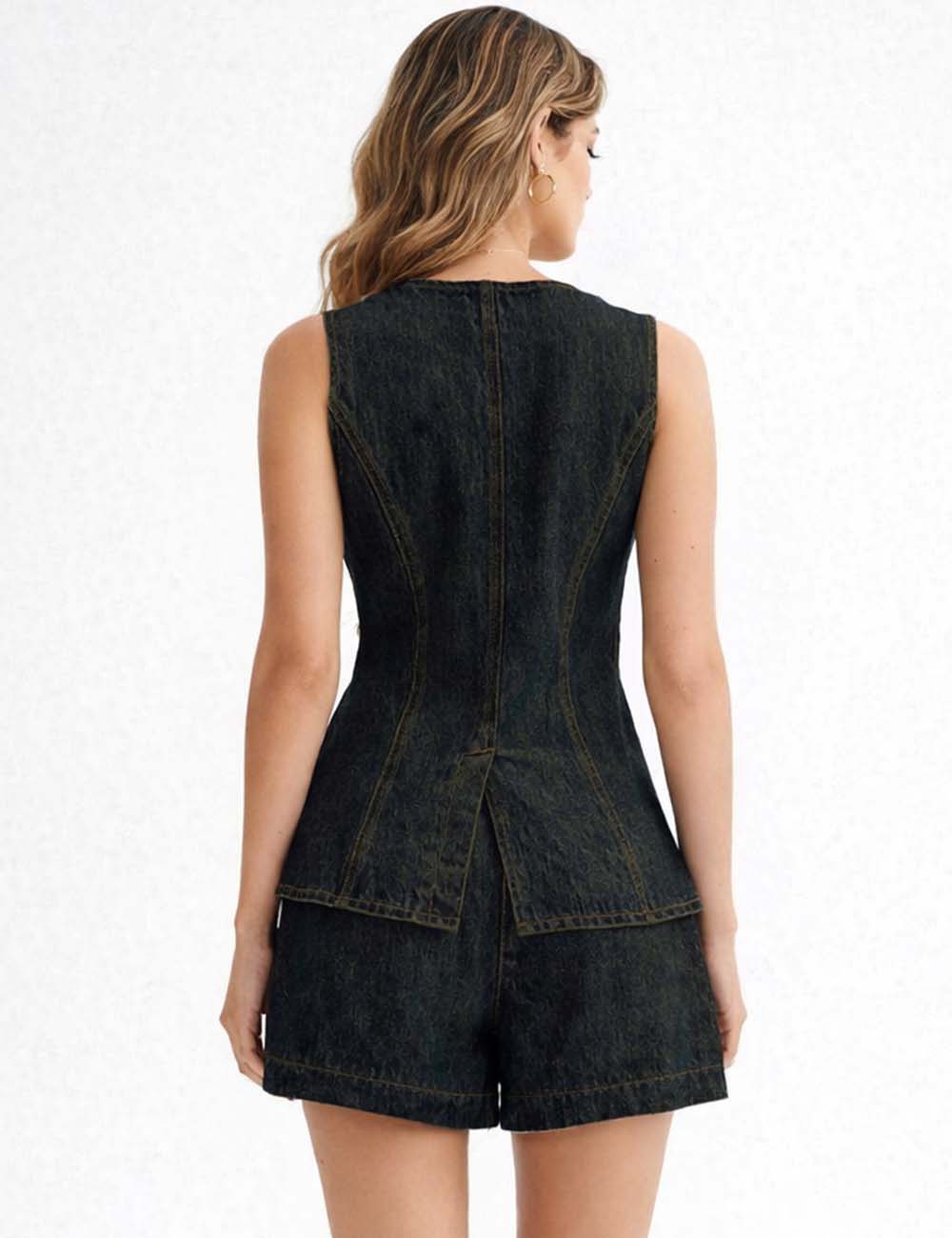 Ladies Sleeveless Button Front Denim Vest & Shorts Matching Set