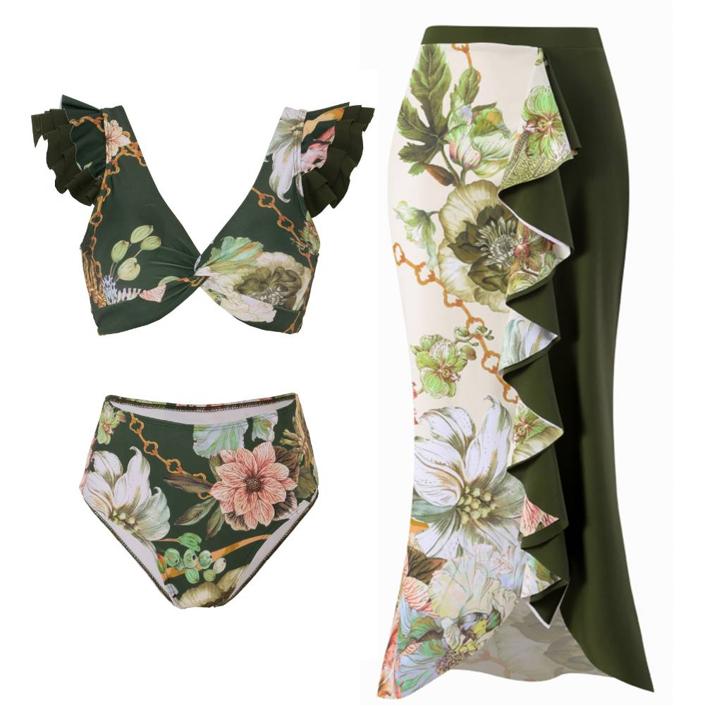 Ruffle Shoulder 2PCS Bikini Set with Salong SKSW40154