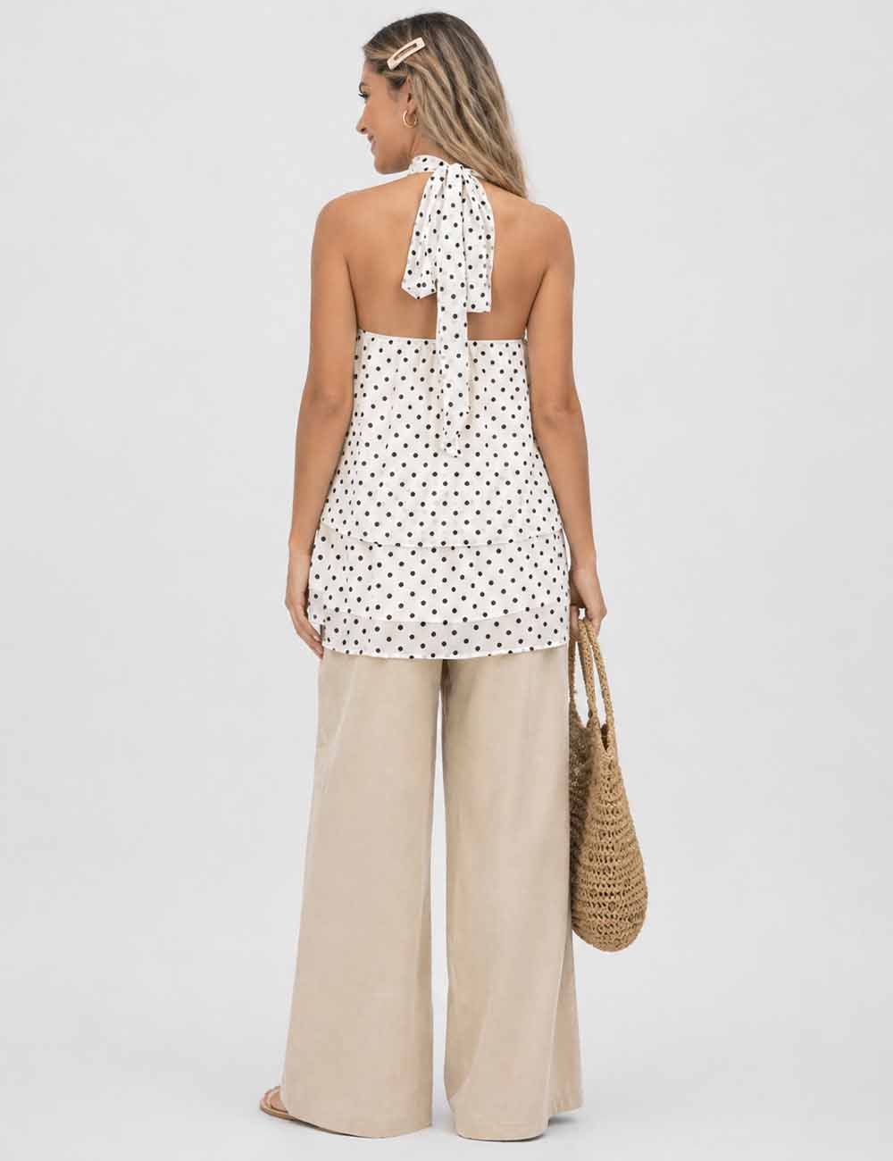 Ladies Chiffon Polka Dot Stand Neck Sleeveless Ruffle Hem Top