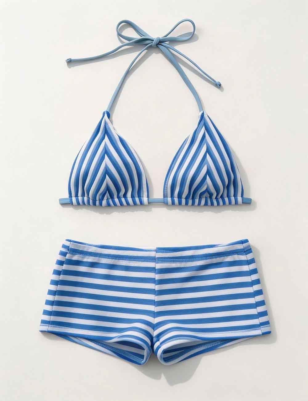 Ladies Striped Tie Back Triangle Halter Bikini Top & Shorts Swimsuit Set