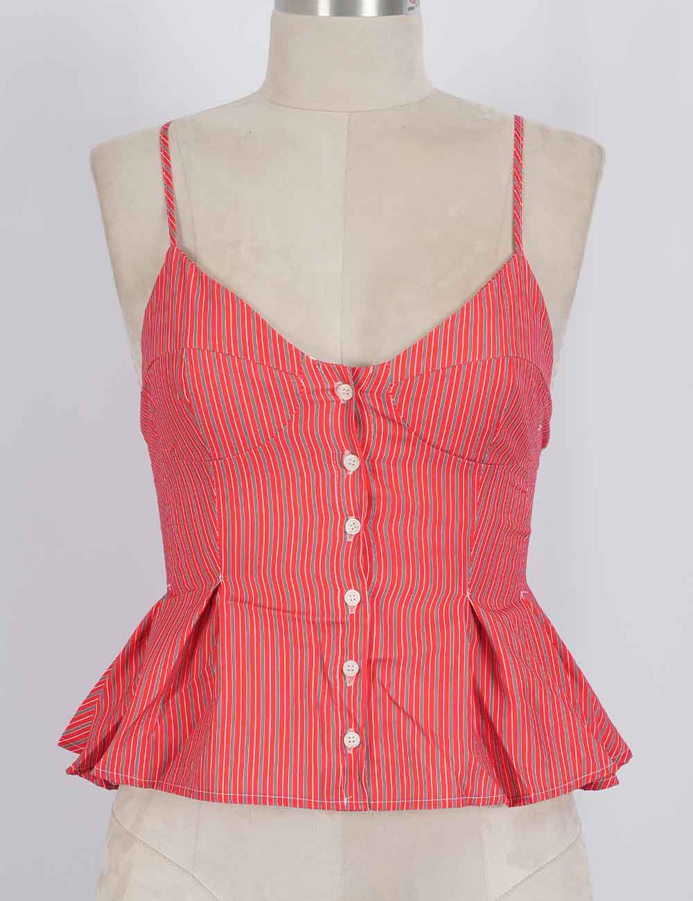 Ladies Chic Striped Spaghetti Strap Button Front Peplum Cami Top