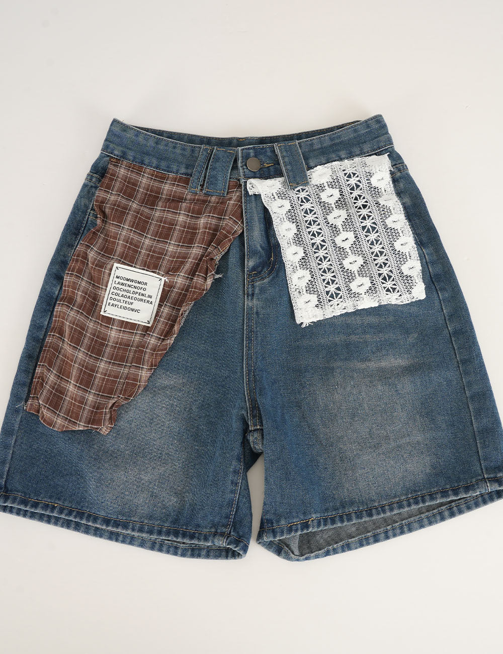 Ladies  Plaid Lace Patchwork Wide Leg Denim Shorts