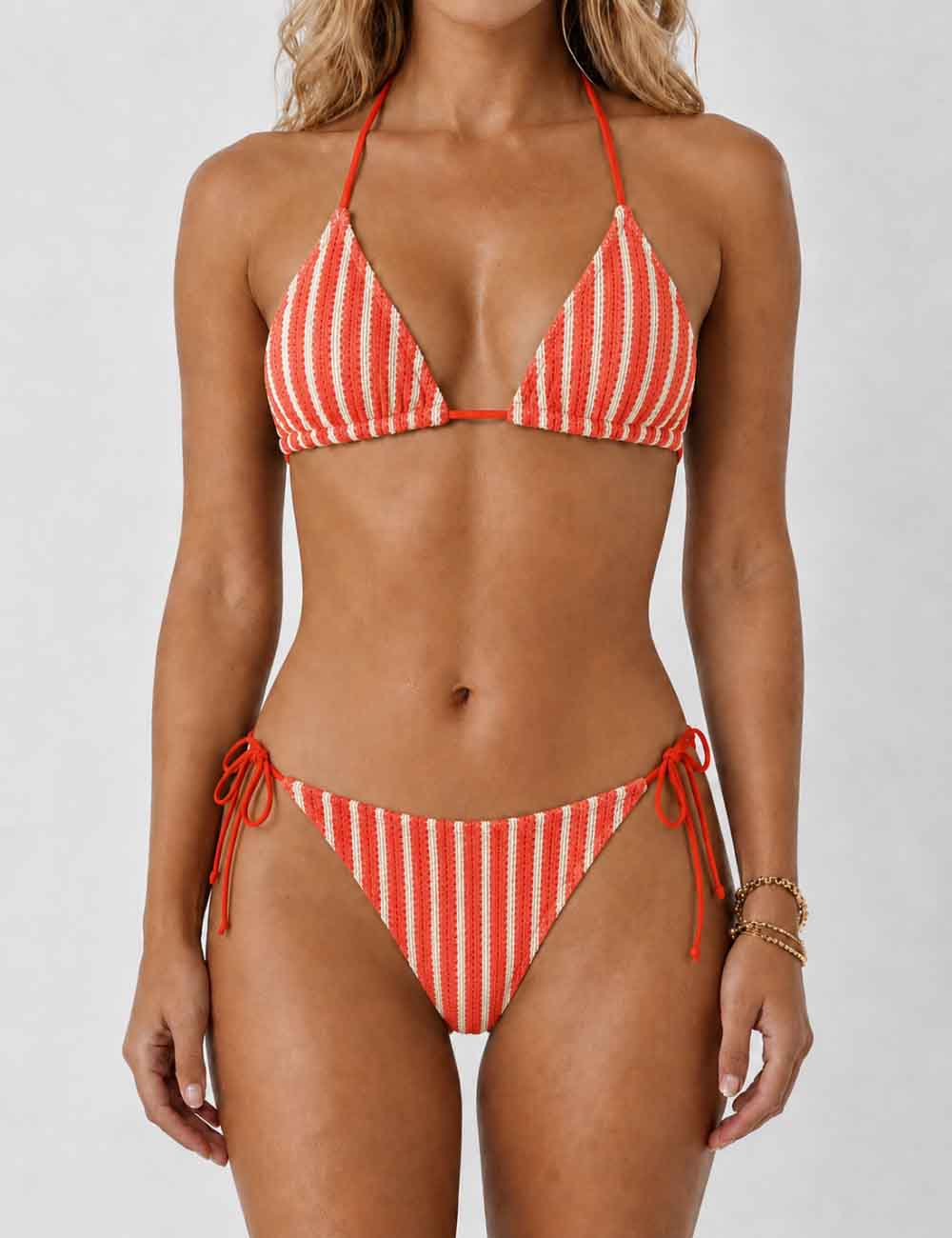 Ladies Striped Crochet Triangle 3 Piece Bikini Set With Cover Up Shorts