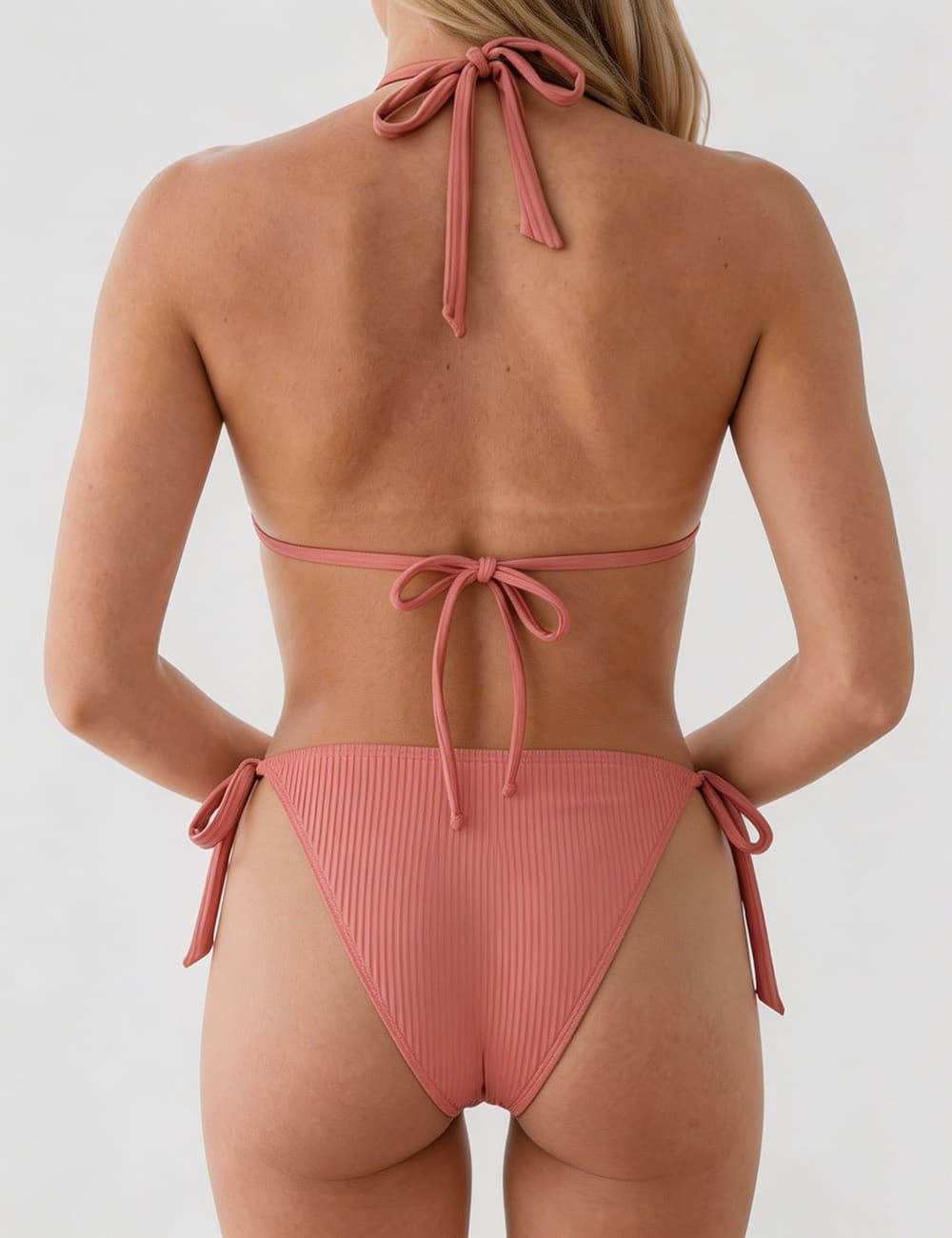 Ladies Ribbed Beaded Halter Triangle 2 Piece Bikini Set