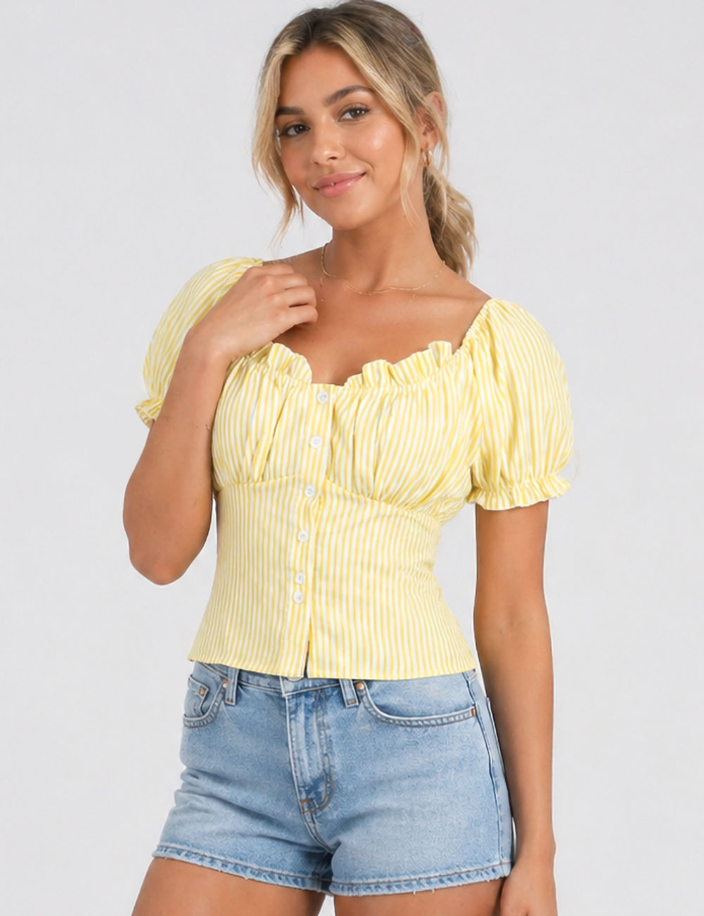 Ladies Striped Puff Sleeves Button Front Crop Top
