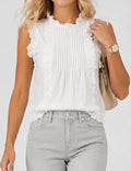 Ladies Boho Eyelet Lace Pleated Round Neck Sleeveless Babydoll Top