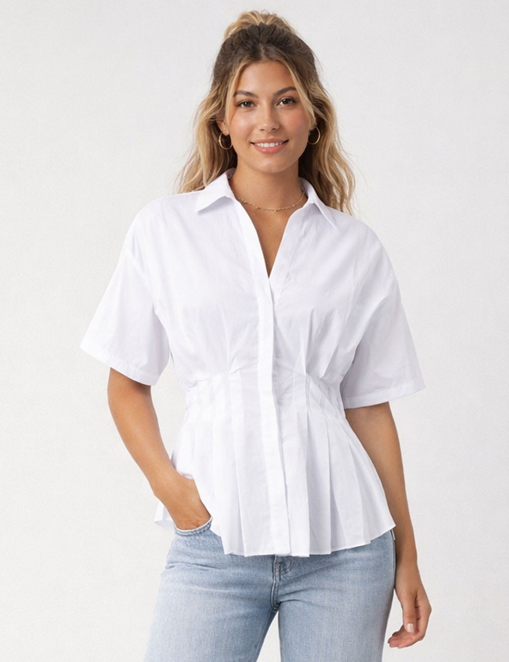 Ladies Chic Pleated Waist Shirt Collar Short Sleeves Blouse