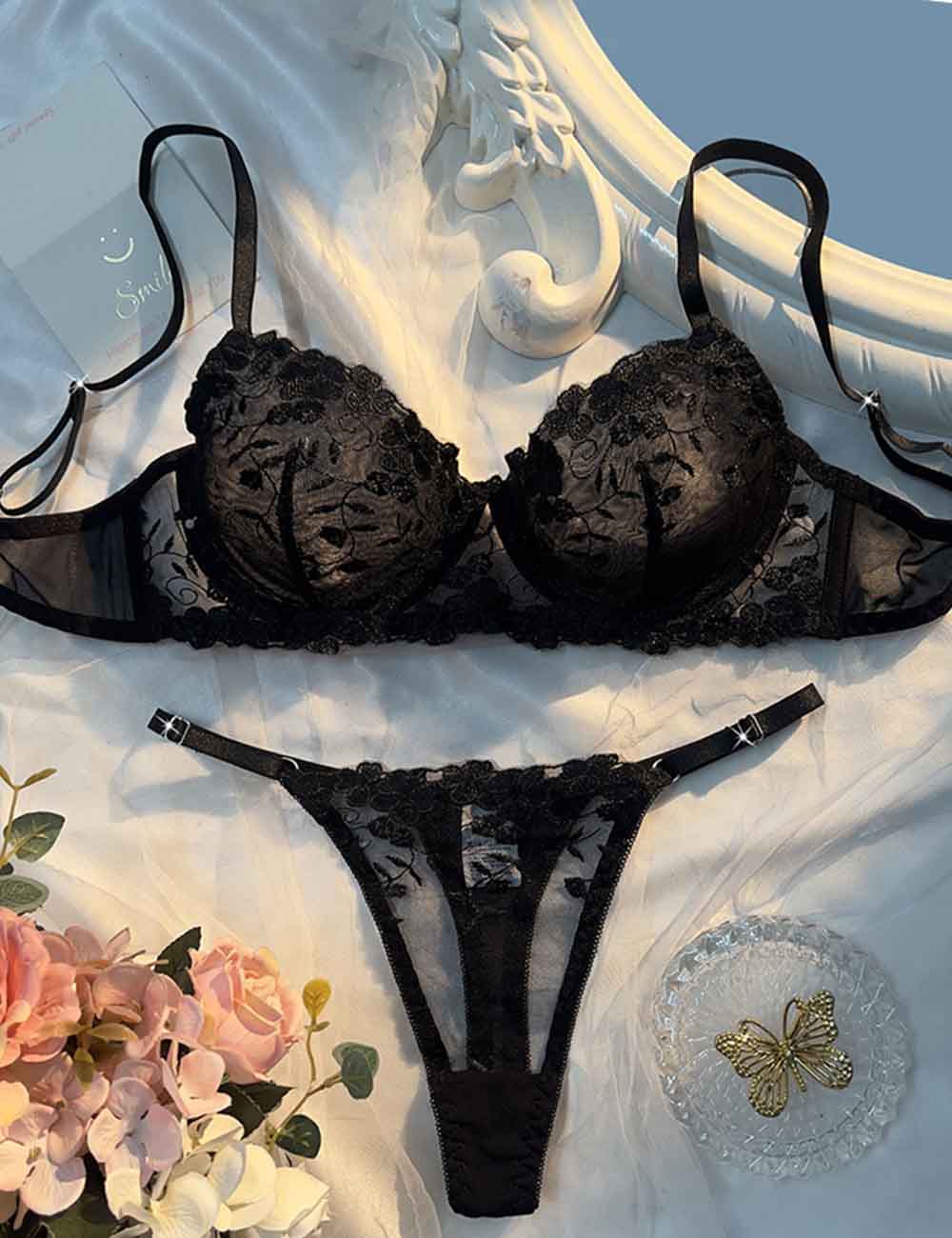 Ladies Sexy Solid Color Embroidery Sheer 2PCS Lingerie Set