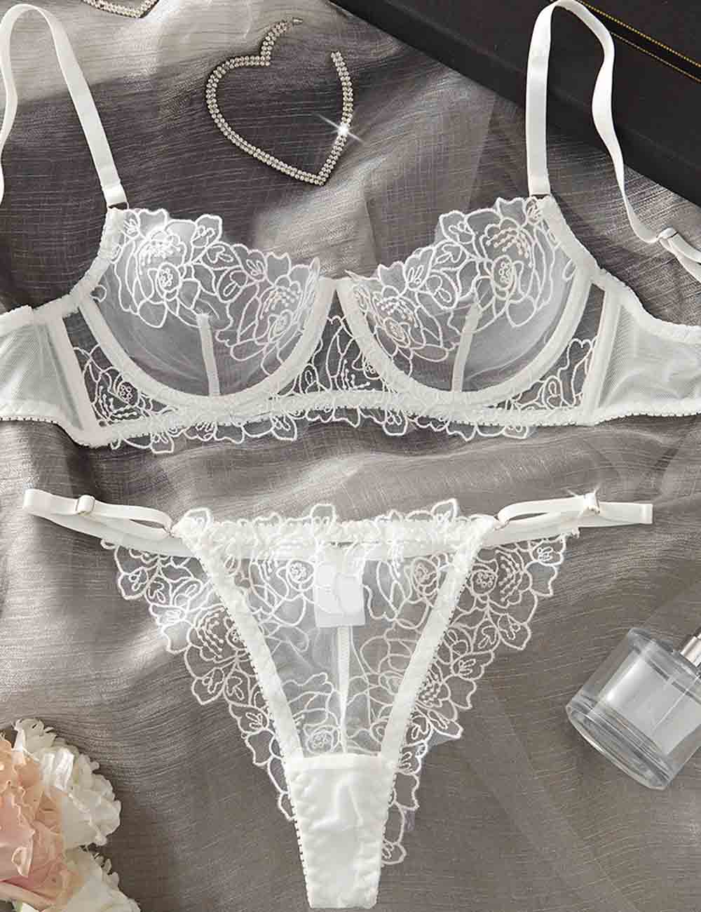 Ladies Floral Embroidery See Through 2PCS Lingerie Set 8XY6138