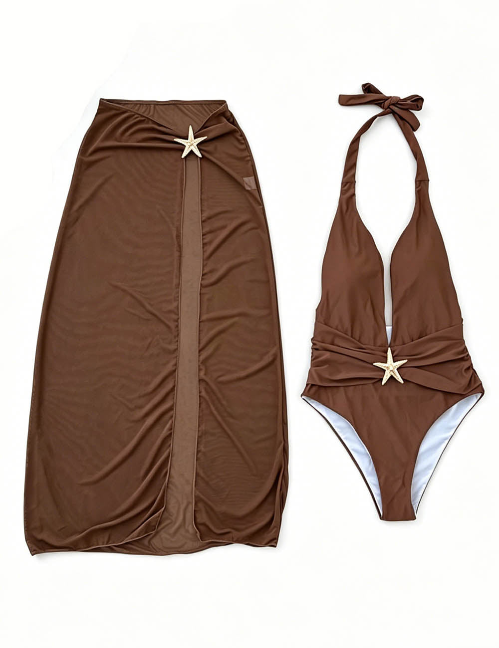 Ladies Gold Starfish Detail Deep V-Neck One-Piece with Salong