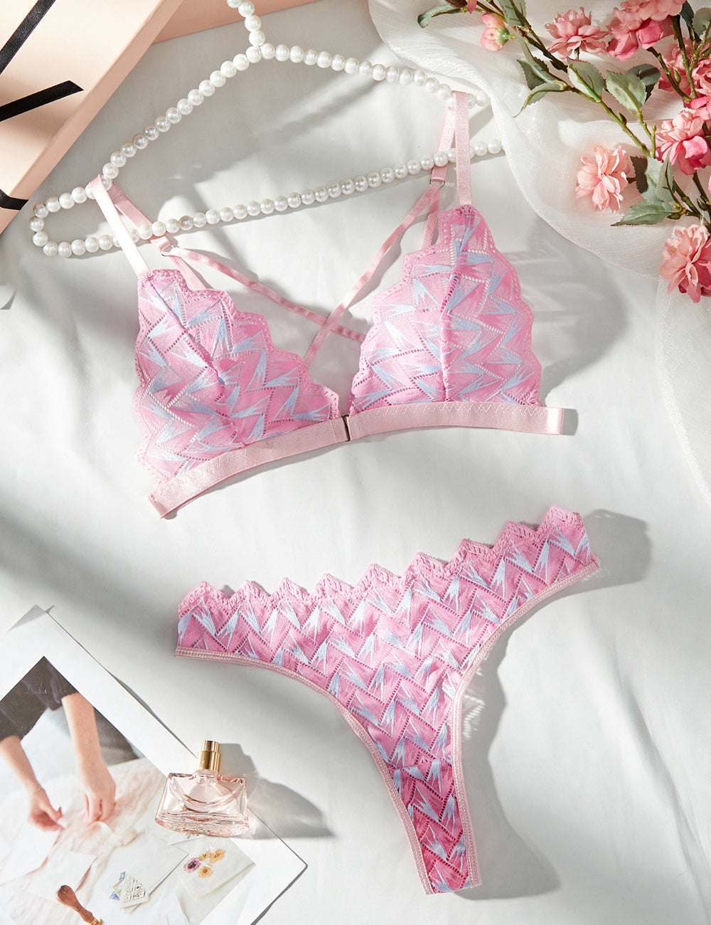 Ladies Color Block See Sheer Lace 2PCS Lingerie Set SKLG4041