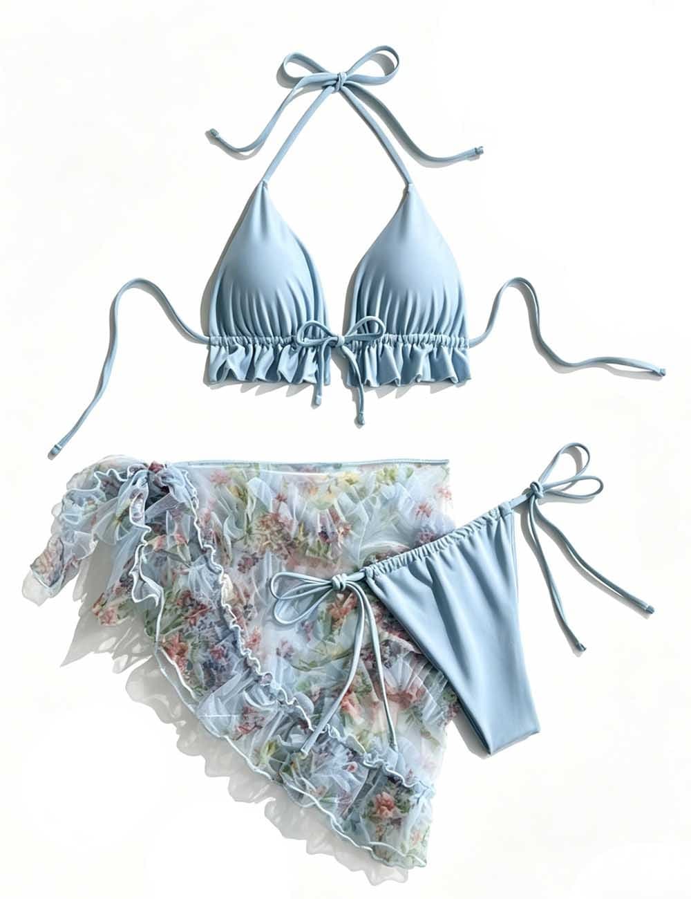 Ladies Triangle Bikini Set with Floral Print Wrap Cover Up Skirt