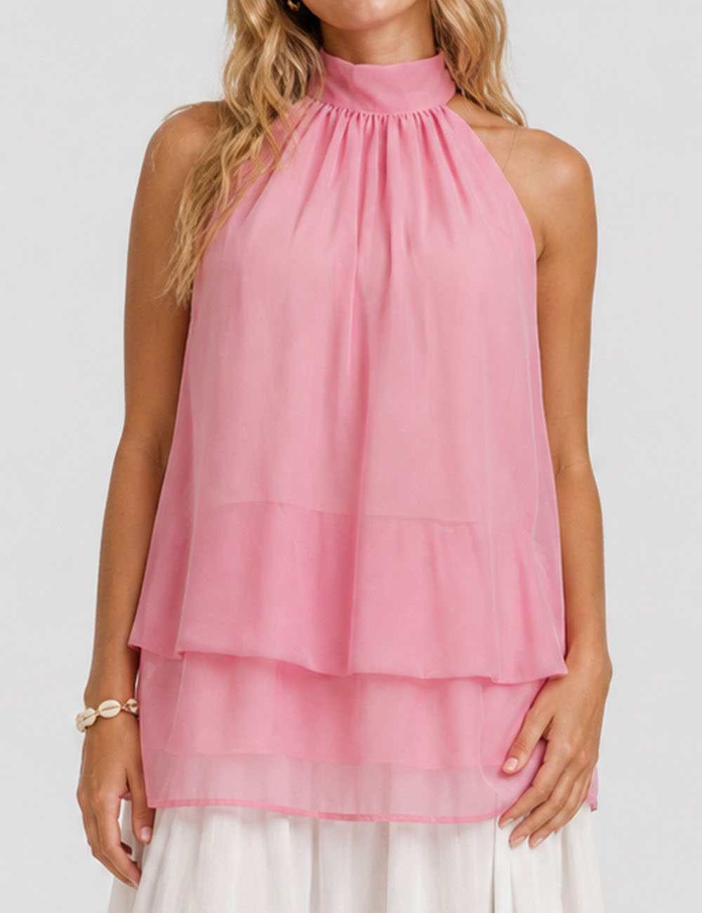 Ladies Chiffon Stand Neck Solid Color Ruffle Hem Sleeveless Top