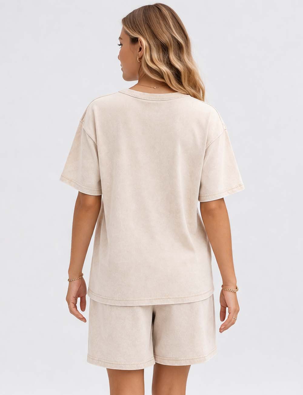 Ladies Washed Round Neck Short Sleeves T-shirt & Shorts Matching Set