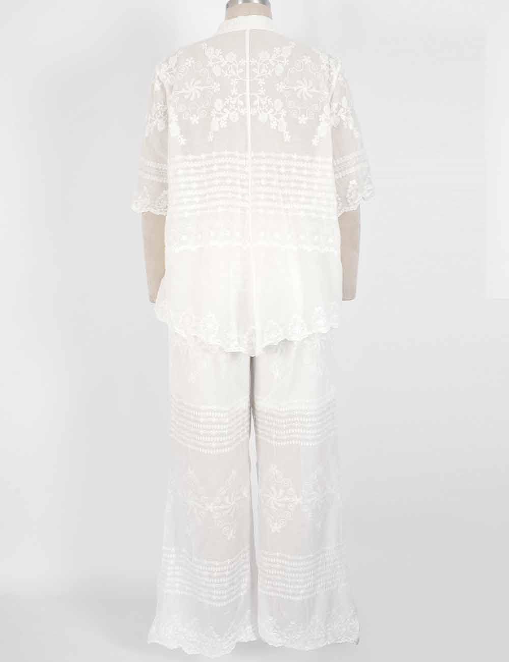 Ladies Chic Embroidery Button-Up Blouse & Pants Matching Set