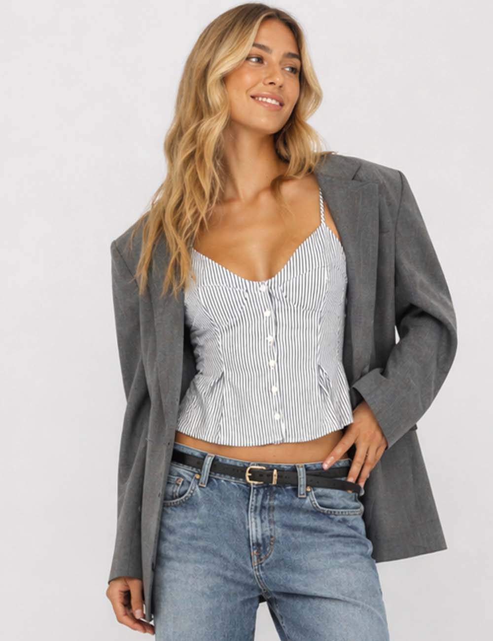 Ladies Chic Striped Spaghetti Strap Button Front Peplum Cami Top