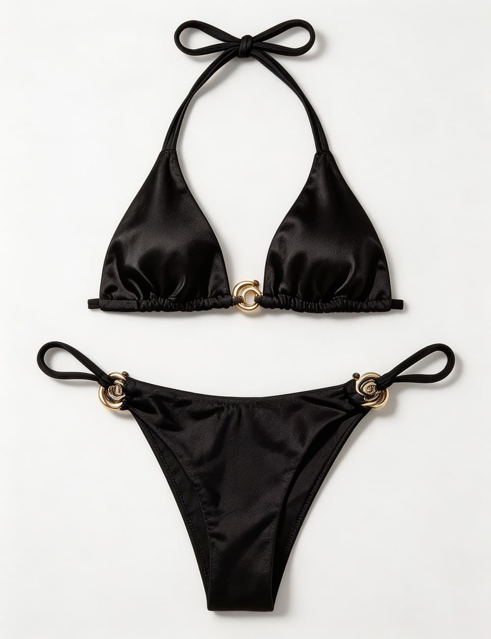 Ladies Solid Color Gold Buckle Halter Neck Triangle Bikini Set