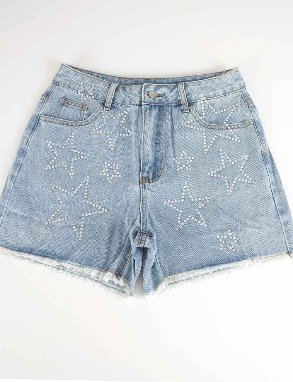 Ladies Rhinestone Star Raw Edge Hem Denim Shorts