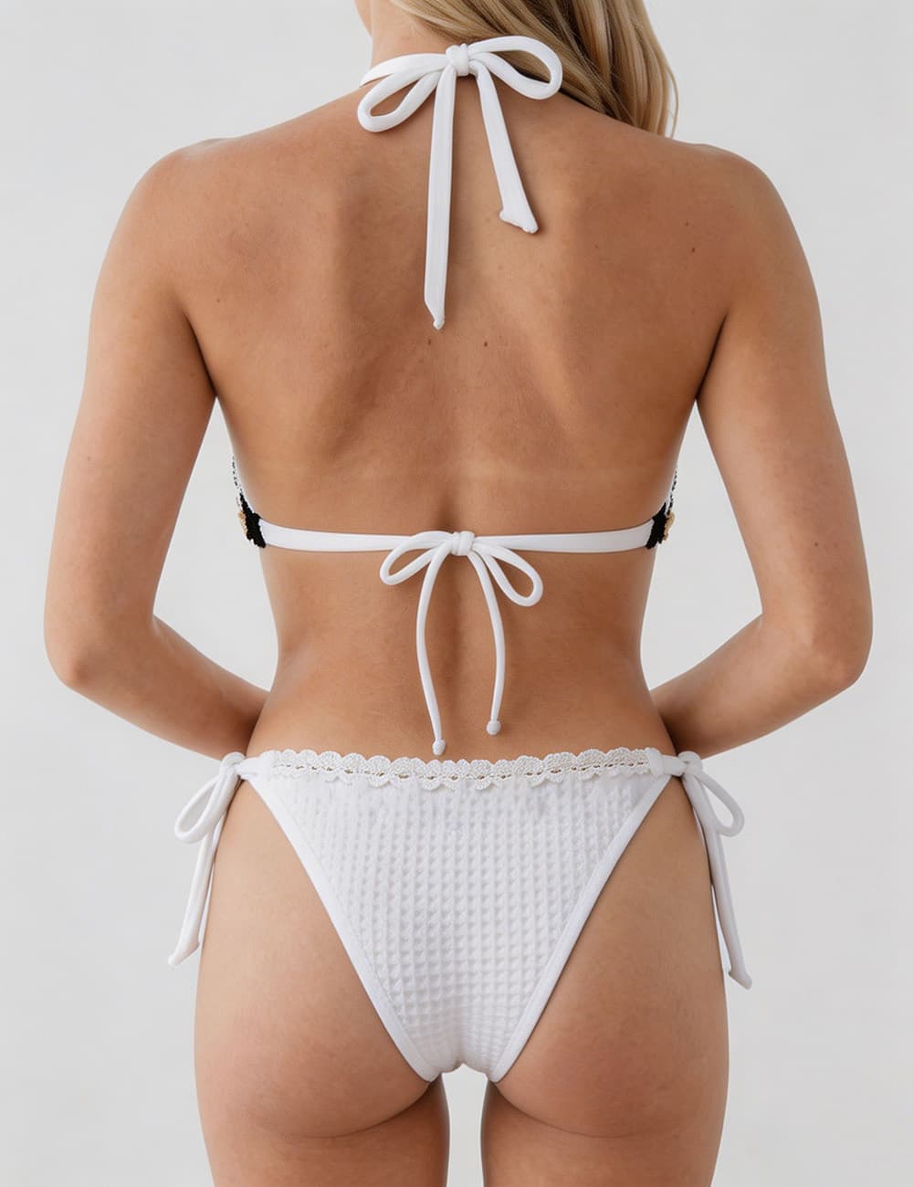Ladies Waffle Shell Crochet Trim Halter Triangle 2 Piece Bikini Set