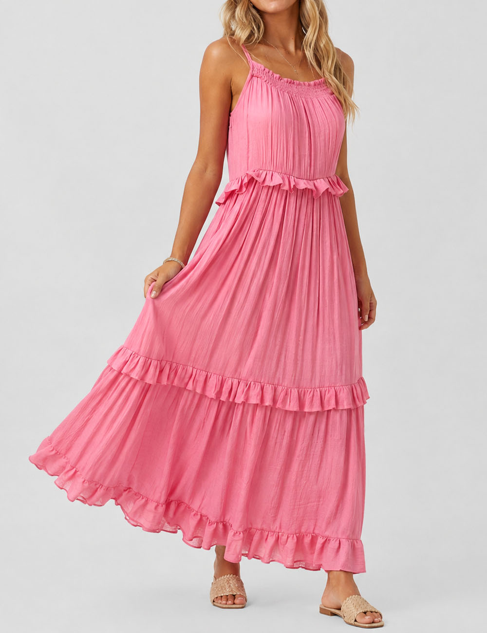 Ladies Boho Ruffle Tiered Hem Sleeveless Solid Color Maxi Dress