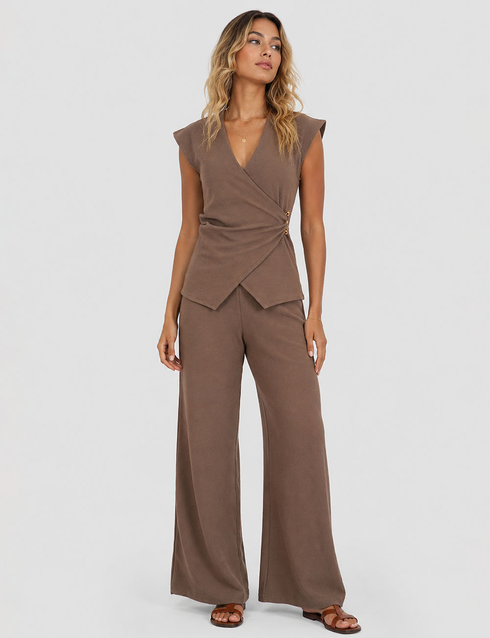 Ladies Solid Color Elastic Waist Wide Leg Pants