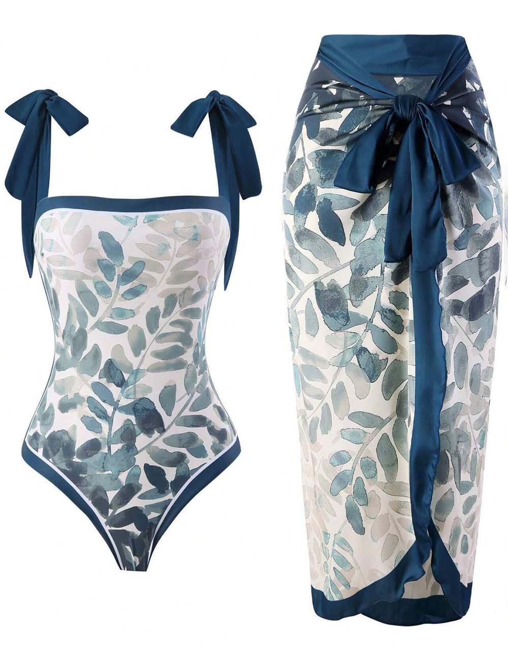 Ladies Leaf Print Tie Strap One-Piece Swimsuit with Wrap Sarong