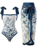 Ladies Leaf Print Tie Strap One-Piece Swimsuit with Wrap Sarong