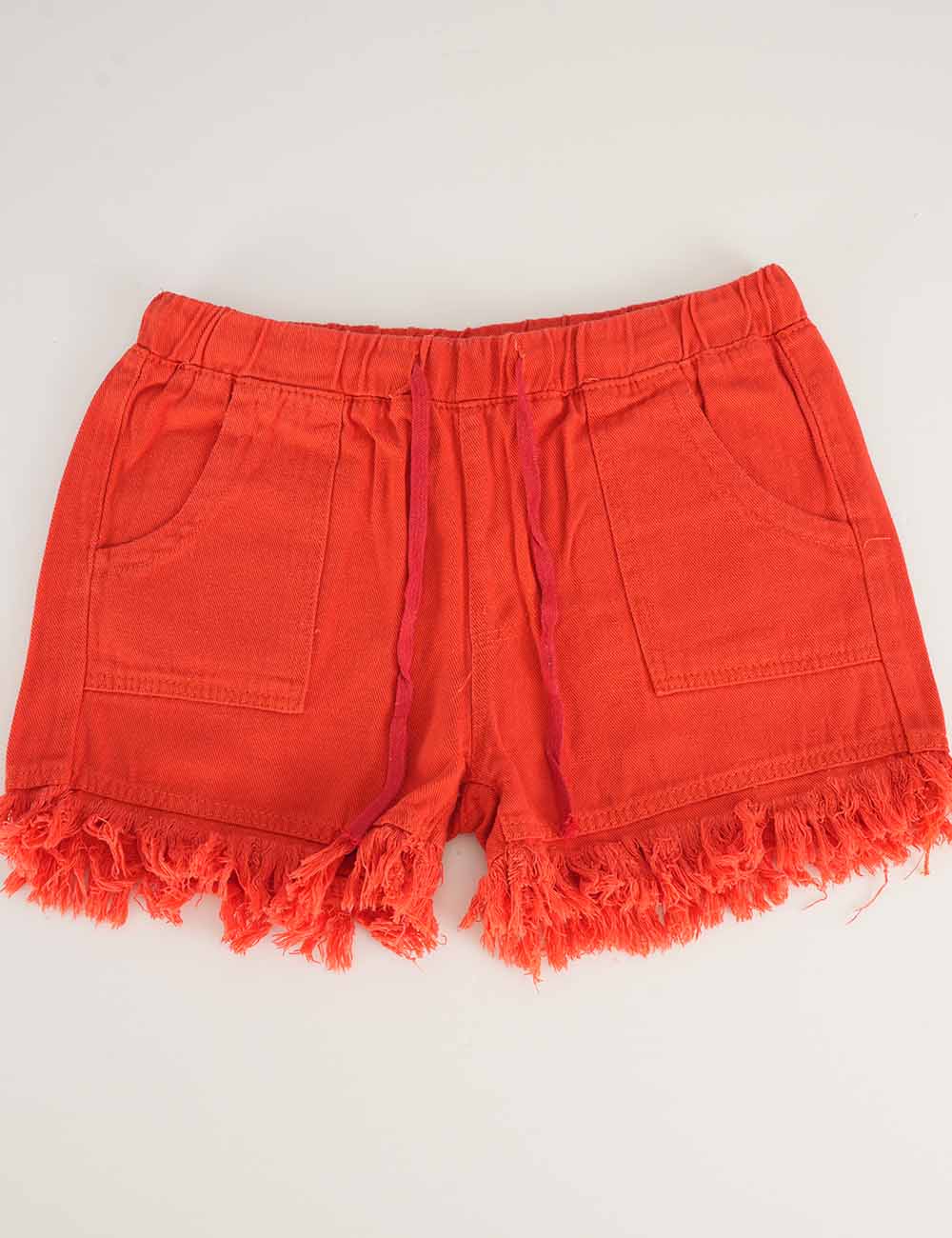 Ladies Solid Color Drawstring Waist Frayed Hem Denim Shorts