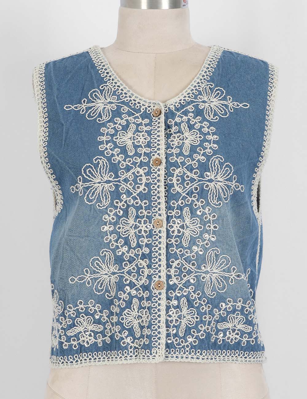 Ladies Boho Rhinestone Embroidery Button Front Denim Vest