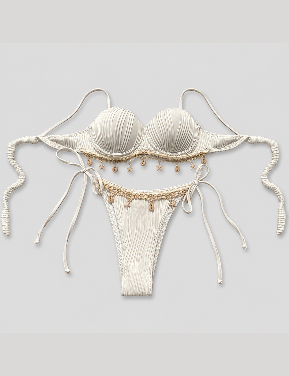 Ladies Solid Color Shell Decor Sweetheart Neck Bikini Set