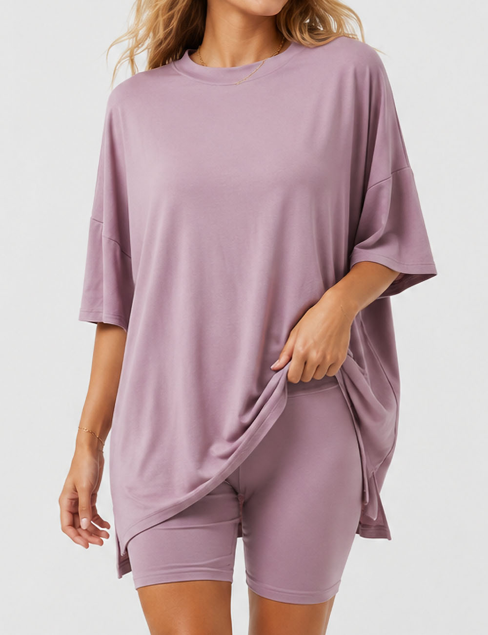 Ladies Solid Loungewear Outfits Loose Top & Slim Shorts Set