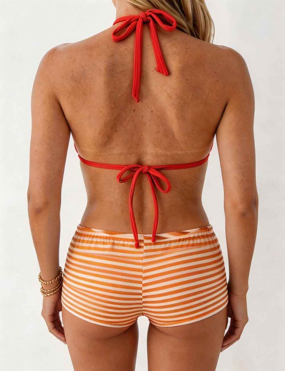 Ladies Striped Tie Back Triangle Halter Bikini Top & Shorts Swimsuit Set
