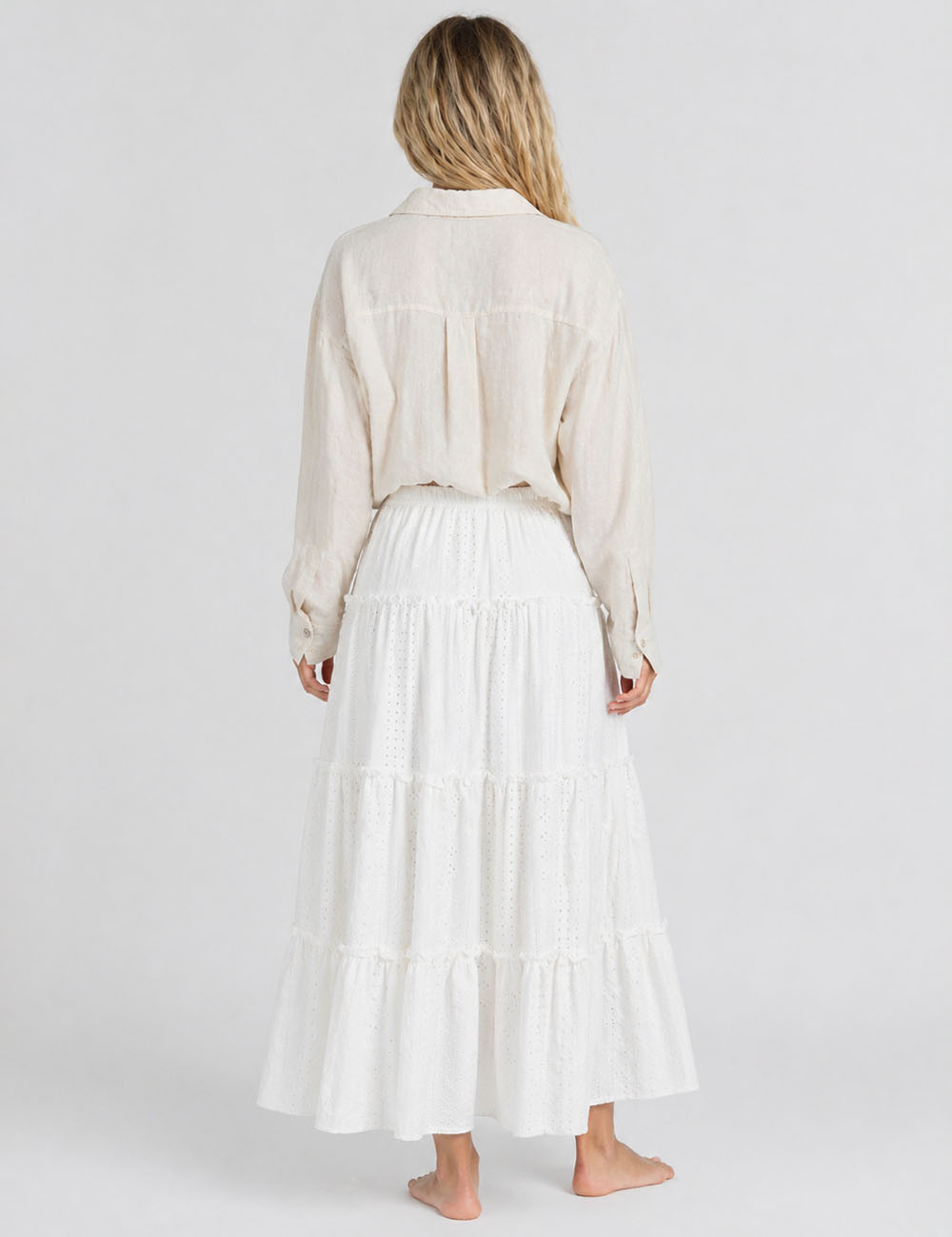 Ladies Solid Color Eyelet Tiered Ruffle  Maxi Skirt