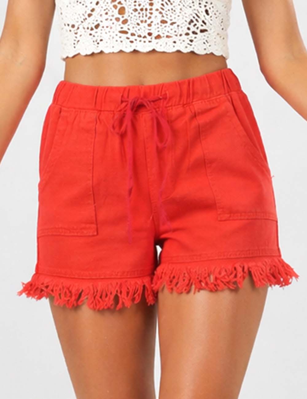 Ladies Solid Color Drawstring Waist Frayed Hem Denim Shorts