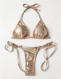 Ladies Metallic Pearl Ring Halter Triangle 2 Piece Bikini Set