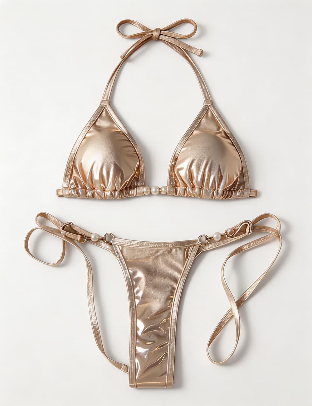 Ladies Metallic Pearl Ring Halter Triangle 2 Piece Bikini Set