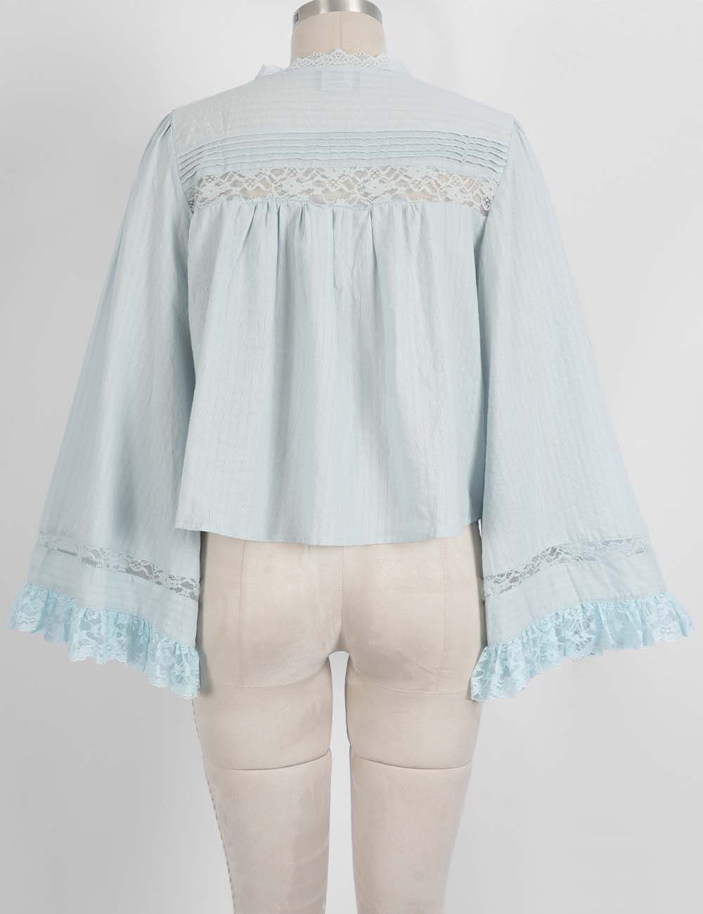 Ladies Solid Color Eyelets Ruffle Lace Blouse