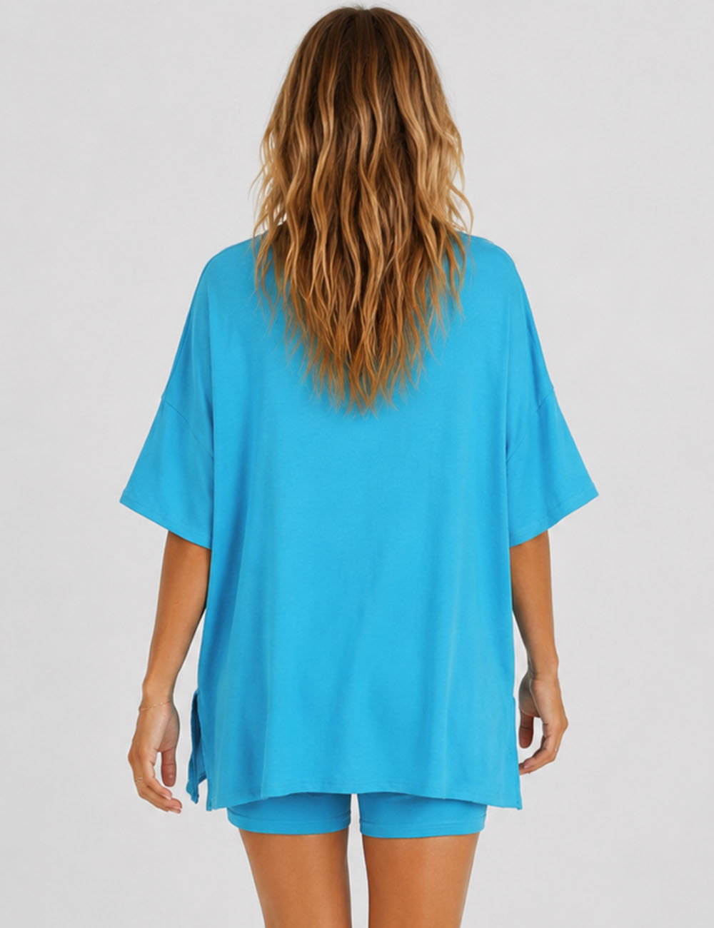 Ladies Solid Loungewear Outfits Loose Top & Slim Shorts Set