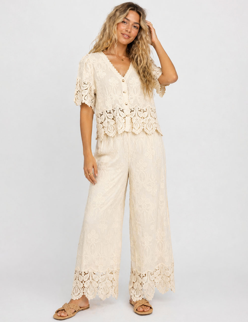 Ladies Crochet Lace Embroidered Button Top & Pants Set