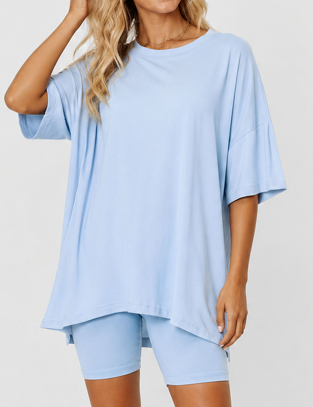 Ladies Solid Loungewear Outfits Loose Top & Slim Shorts Set