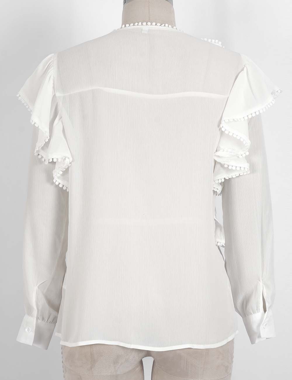 Ladies Elegant Ruffle Trim Button Front Long Sleeves Blouse