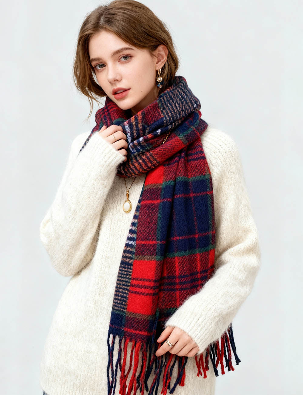 Ladies Retro Plaid Oblong Fringe Knit Scarf