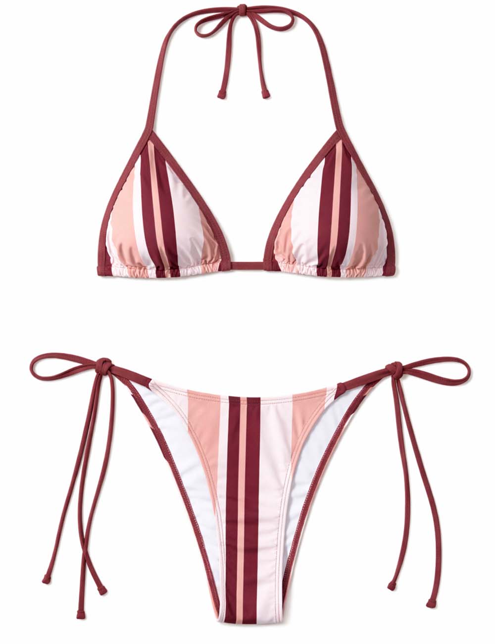 Ladies Striped Halter Neck Lace-Up Triangle Bikini Set