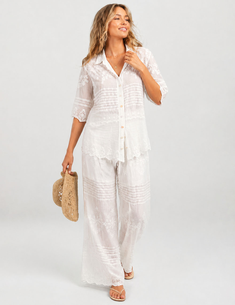 Ladies Chic Embroidery Button-Up Blouse & Pants Matching Set