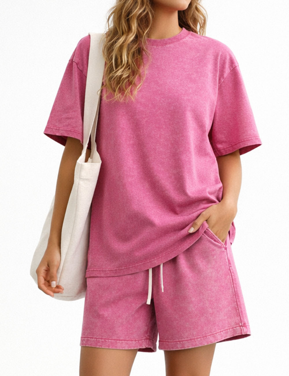 Ladies Washed Round Neck Short Sleeves T-shirt & Shorts Matching Set