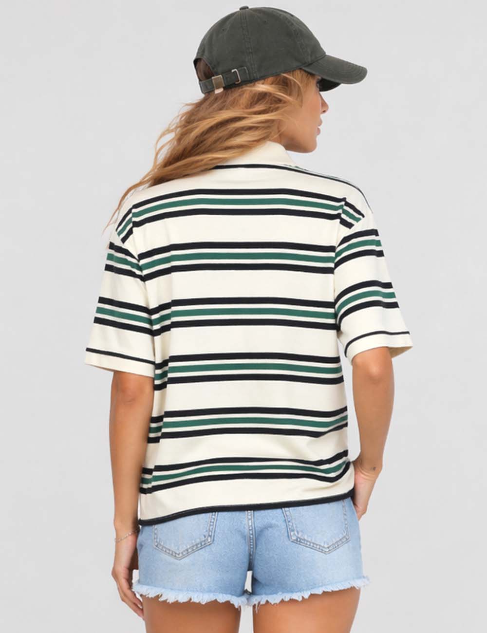 Ladies Striped Polo Collar Short Sleeves T-Shirt Top
