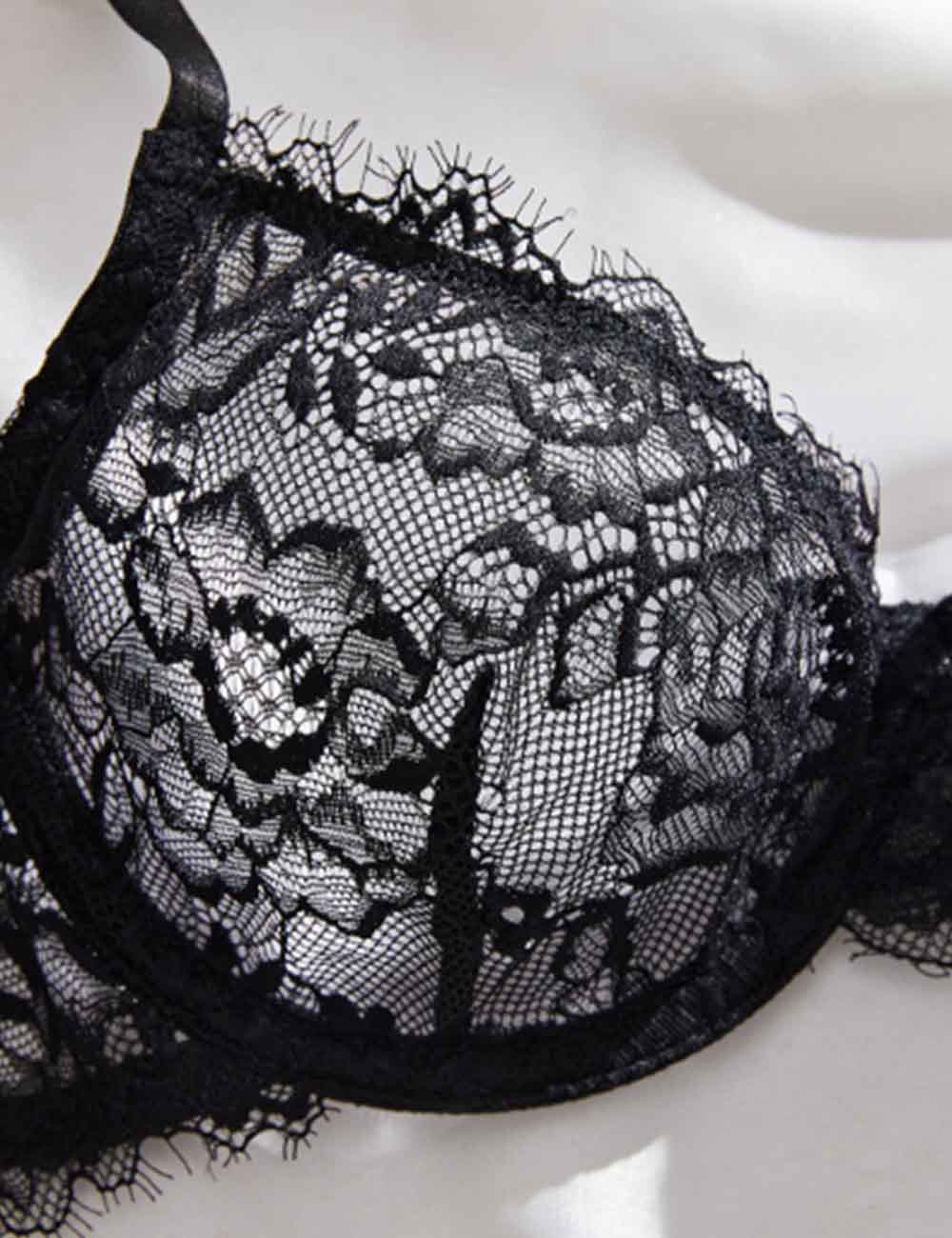 Ladies Sheer Mesh Scallop Hem Embroidery Lingerie Set